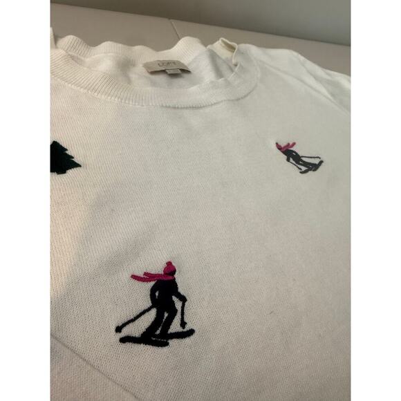 LOFT White Sweater with Skiers and Trees Graphic Winter Pullover Size L - Picture 8 of 8